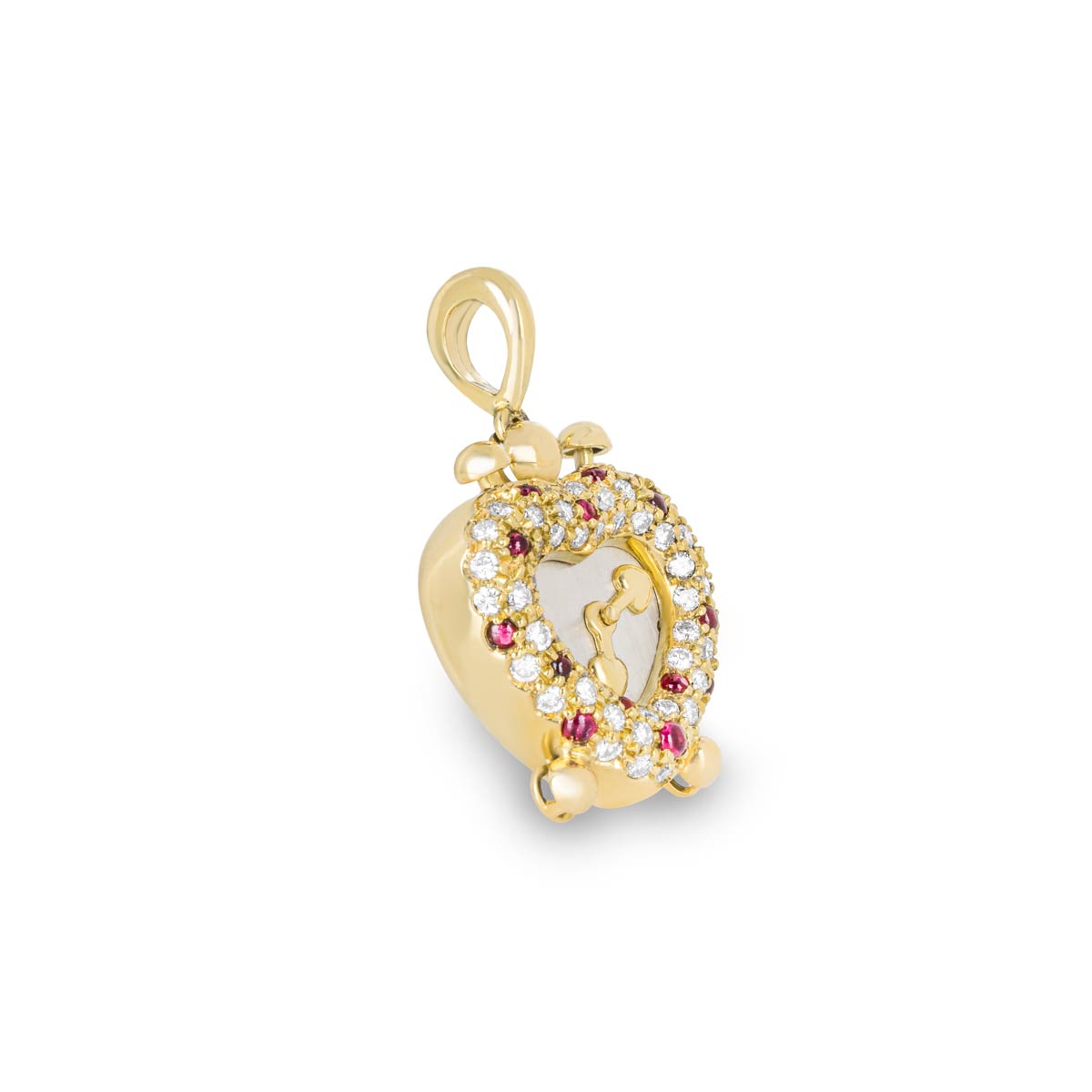 Yellow Gold Diamond and Ruby Heart Clock Pendant